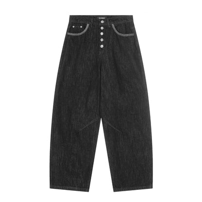 Button Spliced Denim Pants Street Style Loose Wide Leg Pants - XGEM® - Not Made for Everyone