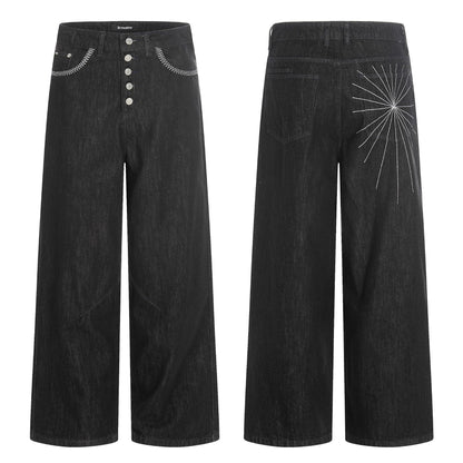 Button Spliced Denim Pants Street Style Loose Wide Leg Pants - XGEM® - Not Made for Everyone