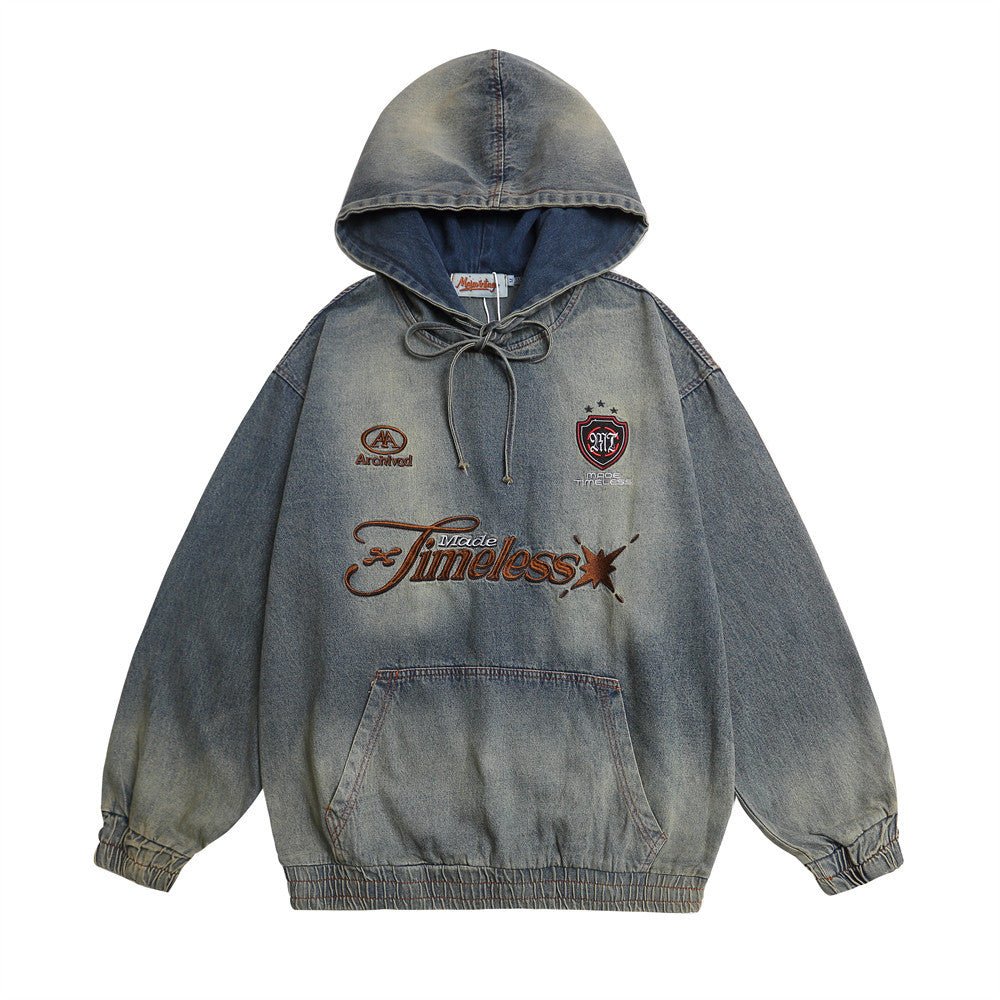 Denim Hoodie Oversized Streetwear Washed Cotton - XGEM® - Not Made for Everyone