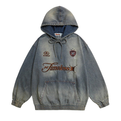 Denim Hoodie Oversized Streetwear Washed Cotton - XGEM® - Not Made for Everyone