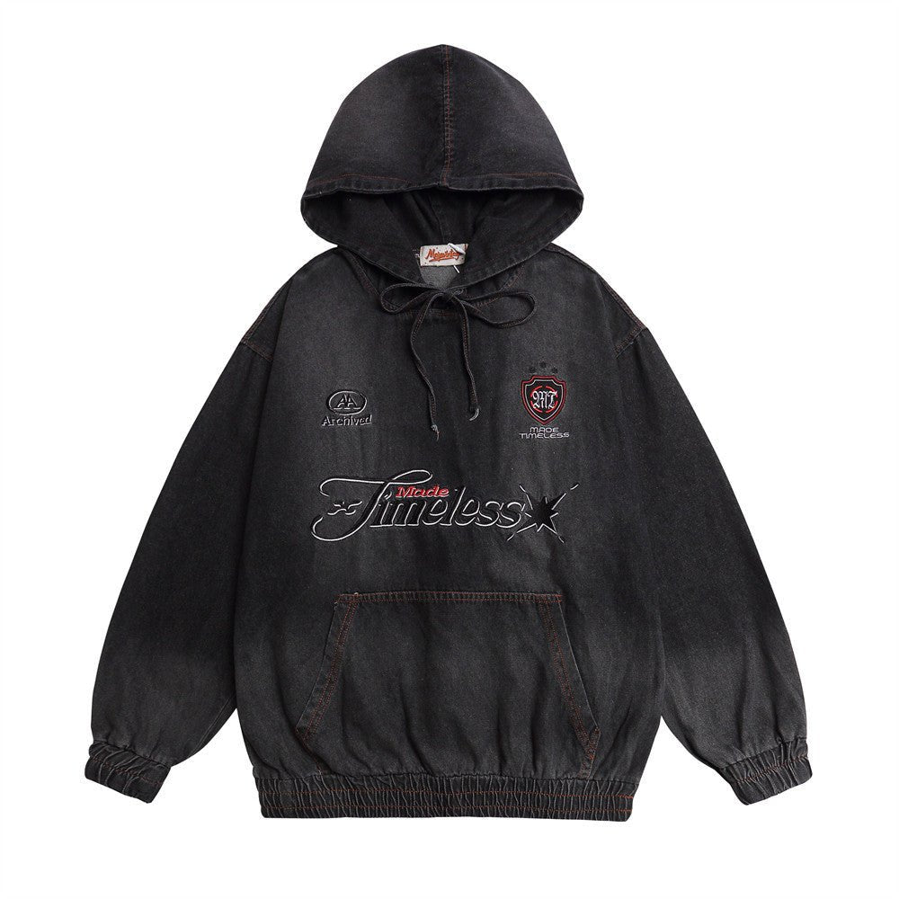 Denim Hoodie Oversized Streetwear Washed Cotton - XGEM® - Not Made for Everyone