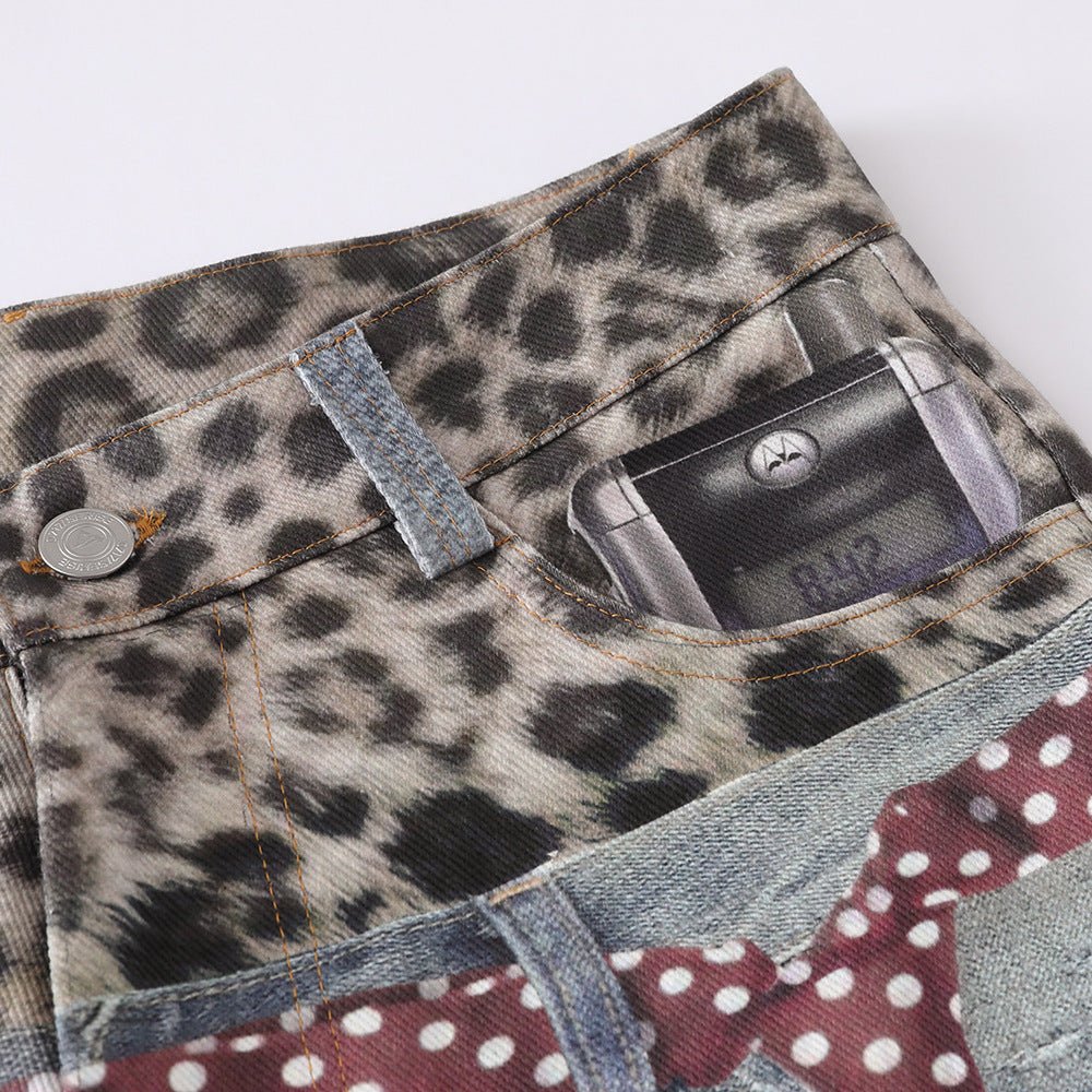 Leopard print spliced double waisted denim wide leg pants - XGEM® - Not Made for Everyone