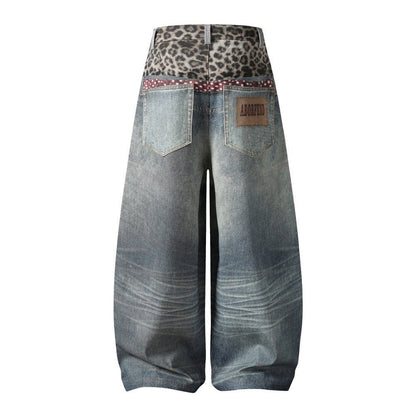 Leopard print spliced double waisted denim wide leg pants - XGEM® - Not Made for Everyone