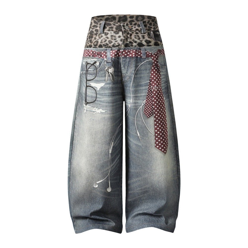 Leopard print spliced double waisted denim wide leg pants - XGEM® - Not Made for Everyone