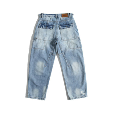 Washed Distressed Patchwork Deconstructed Loose Tapered Denim Pants for Men - XGEM® - Not Made for Everyone