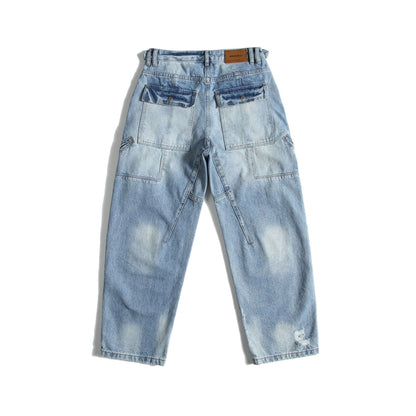 Washed Distressed Patchwork Deconstructed Loose Tapered Denim Pants for Men - XGEM® - Not Made for Everyone
