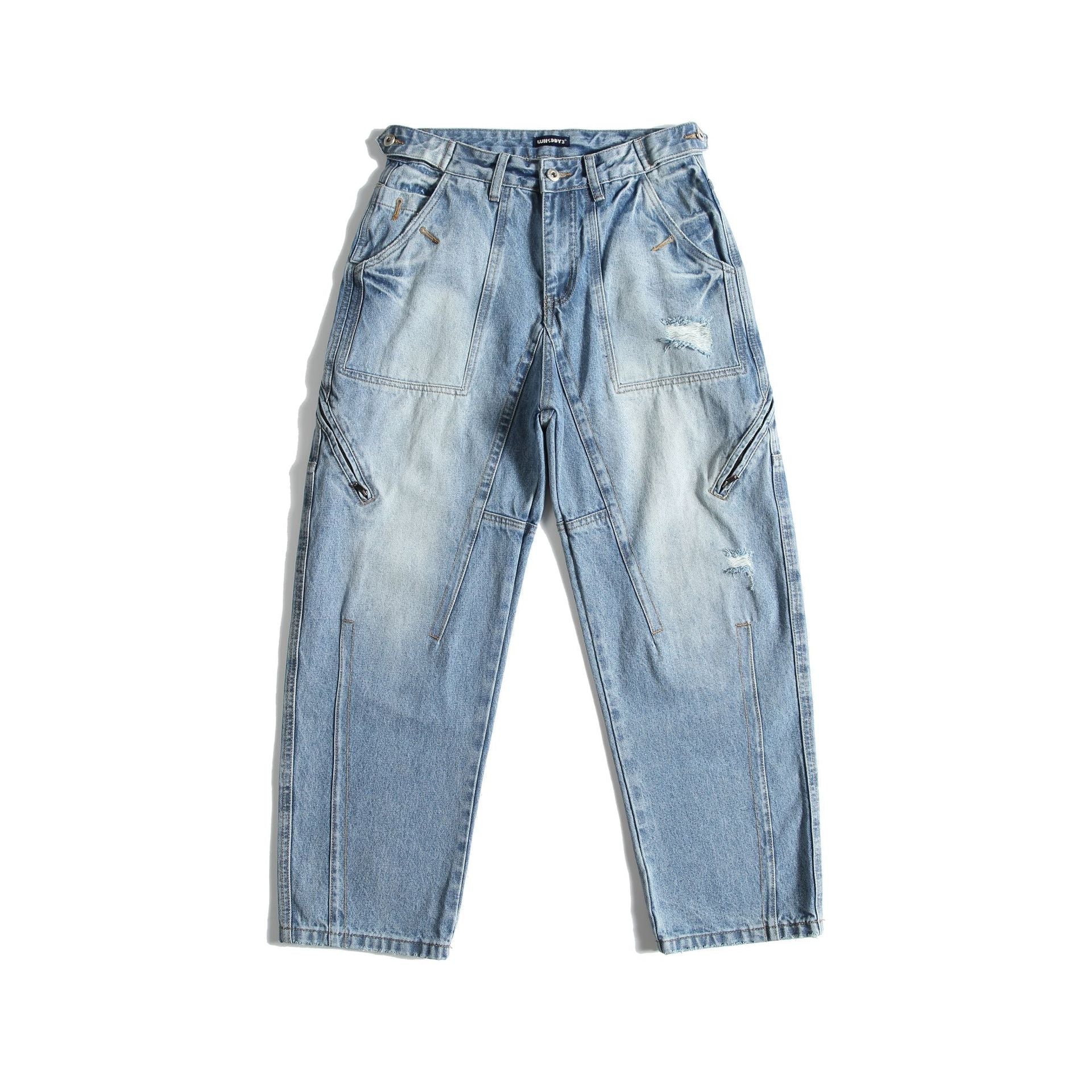 Washed Distressed Patchwork Deconstructed Loose Tapered Denim Pants for Men - XGEM® - Not Made for Everyone