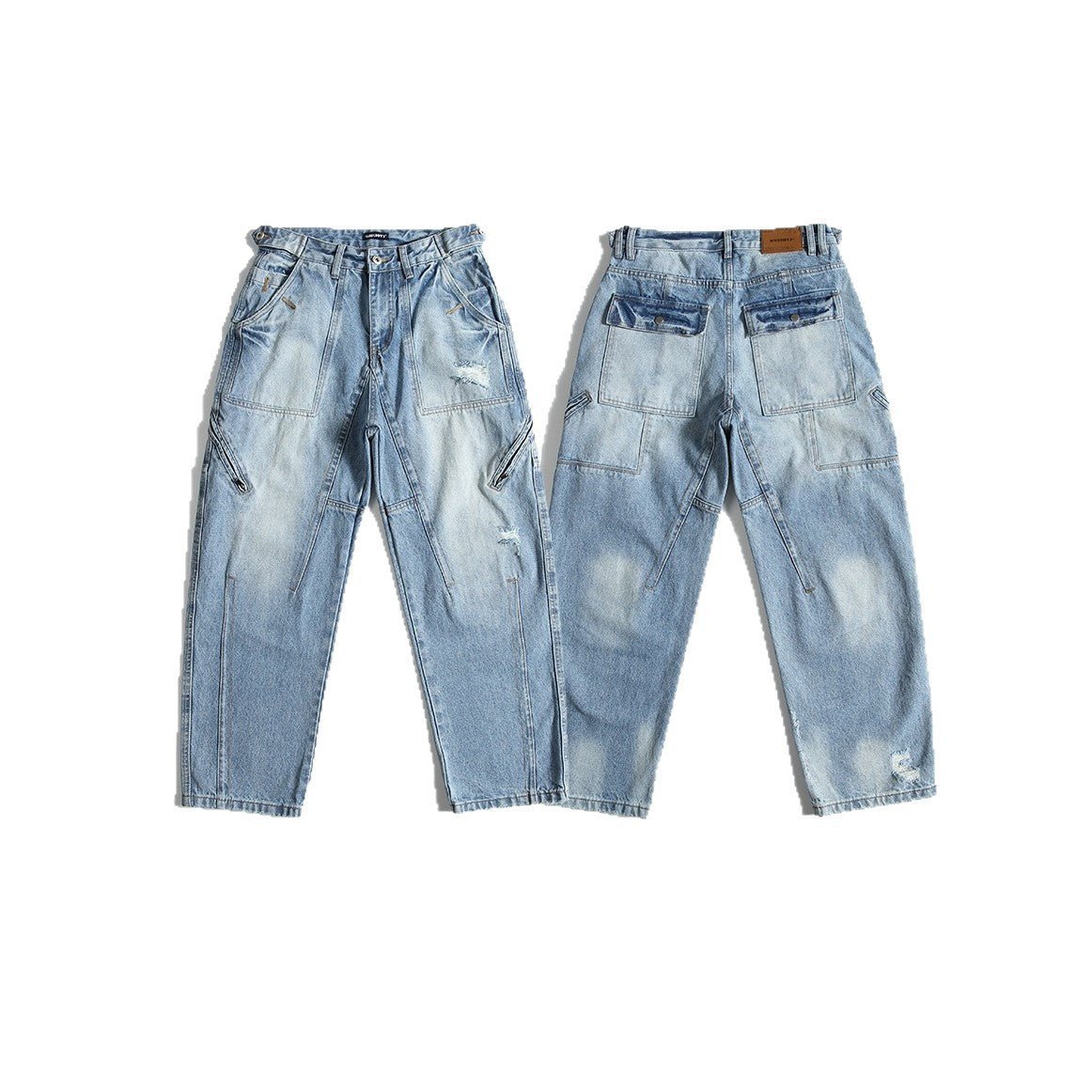 Washed Distressed Patchwork Deconstructed Loose Tapered Denim Pants for Men - XGEM® - Not Made for Everyone