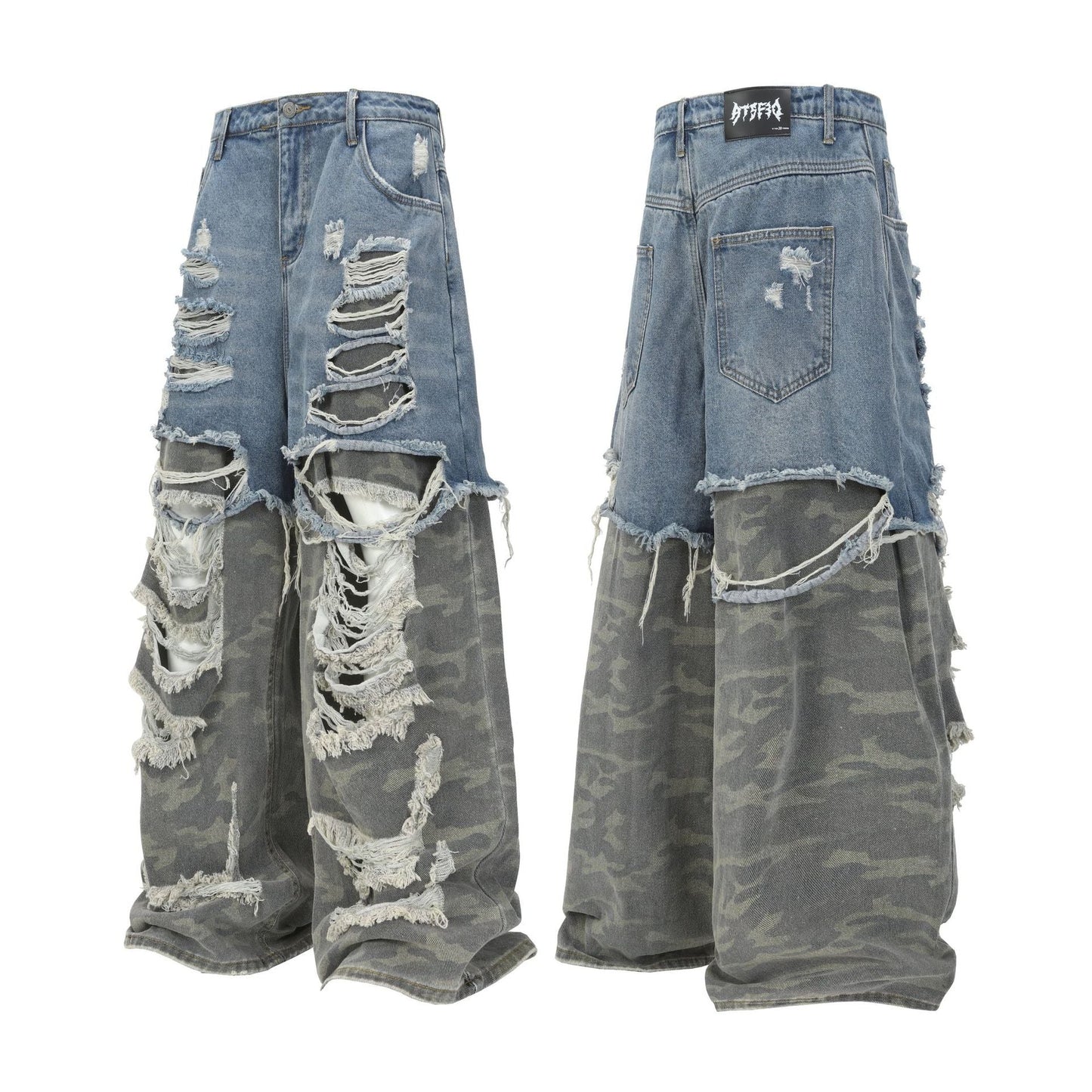 XGEM Camo Splice Ripped Denim Jeans – Washed Double - Layer Streetwear Pants - XGEM® - Not Made for Everyone