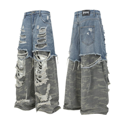 XGEM Camo Splice Ripped Denim Jeans – Washed Double - Layer Streetwear Pants - XGEM® - Not Made for Everyone