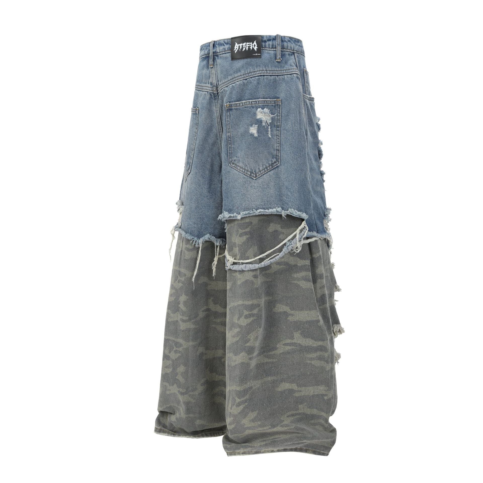 XGEM Camo Splice Ripped Denim Jeans – Washed Double - Layer Streetwear Pants - XGEM® - Not Made for Everyone