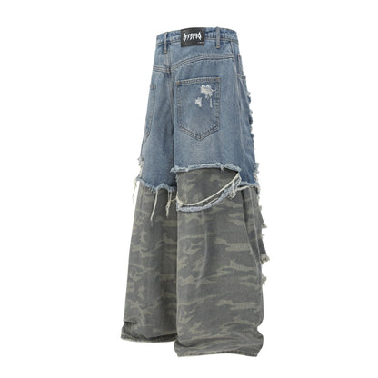 XGEM Camo Splice Ripped Denim Jeans – Washed Double - Layer Streetwear Pants - XGEM® - Not Made for Everyone
