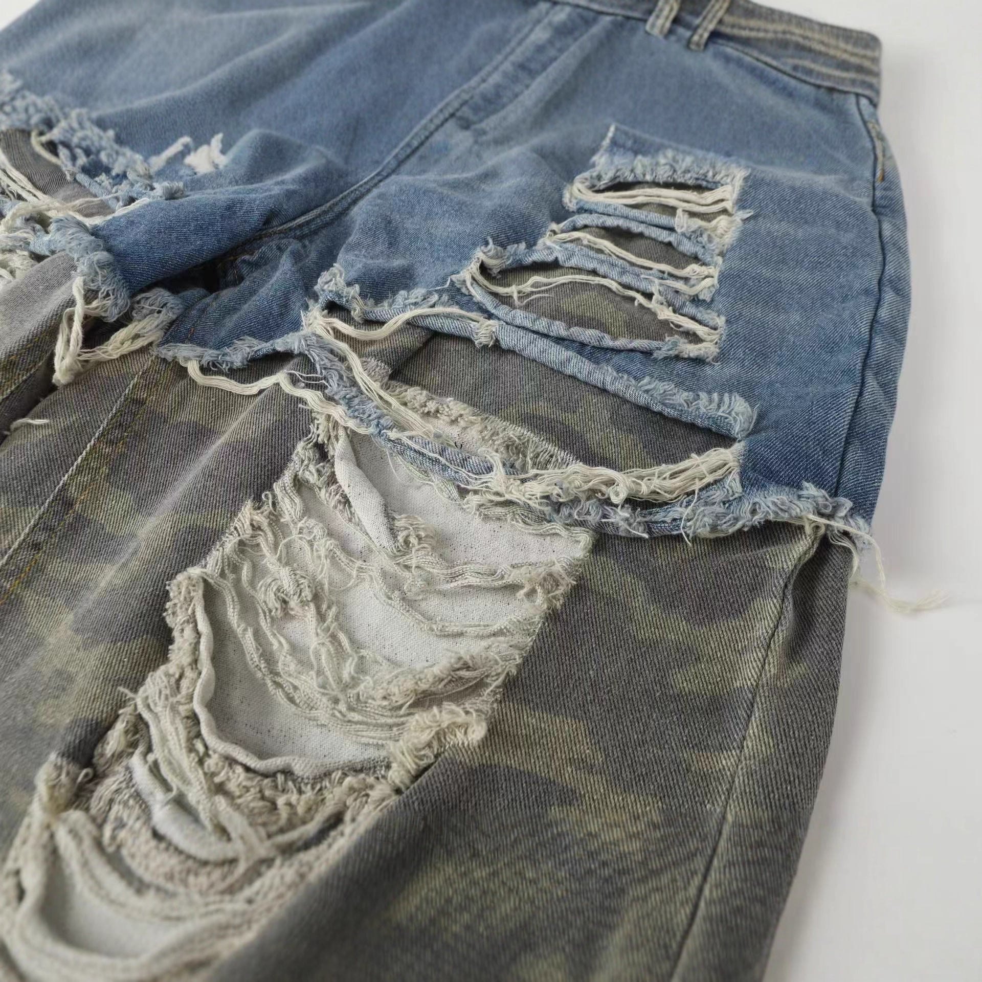 XGEM Camo Splice Ripped Denim Jeans – Washed Double - Layer Streetwear Pants - XGEM® - Not Made for Everyone