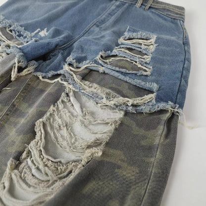 XGEM Camo Splice Ripped Denim Jeans – Washed Double - Layer Streetwear Pants - XGEM® - Not Made for Everyone