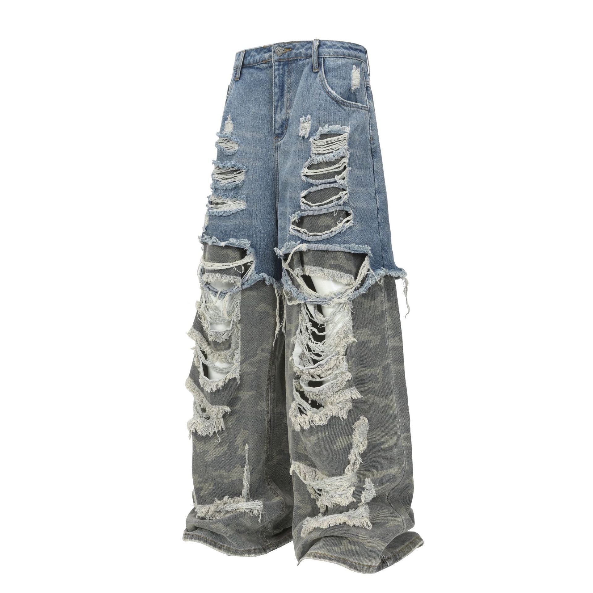 XGEM Camo Splice Ripped Denim Jeans – Washed Double - Layer Streetwear Pants - XGEM® - Not Made for Everyone