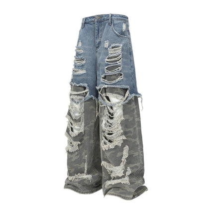 XGEM Camo Splice Ripped Denim Jeans – Washed Double - Layer Streetwear Pants - XGEM® - Not Made for Everyone