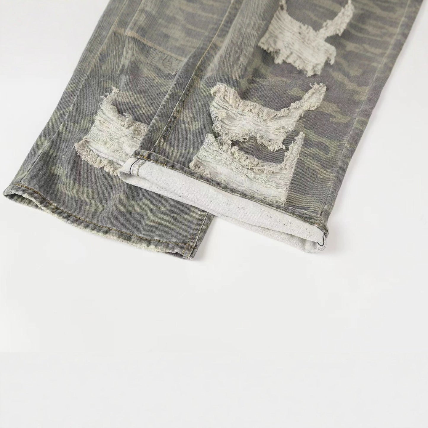 XGEM Camo Splice Ripped Denim Jeans – Washed Double - Layer Streetwear Pants - XGEM® - Not Made for Everyone