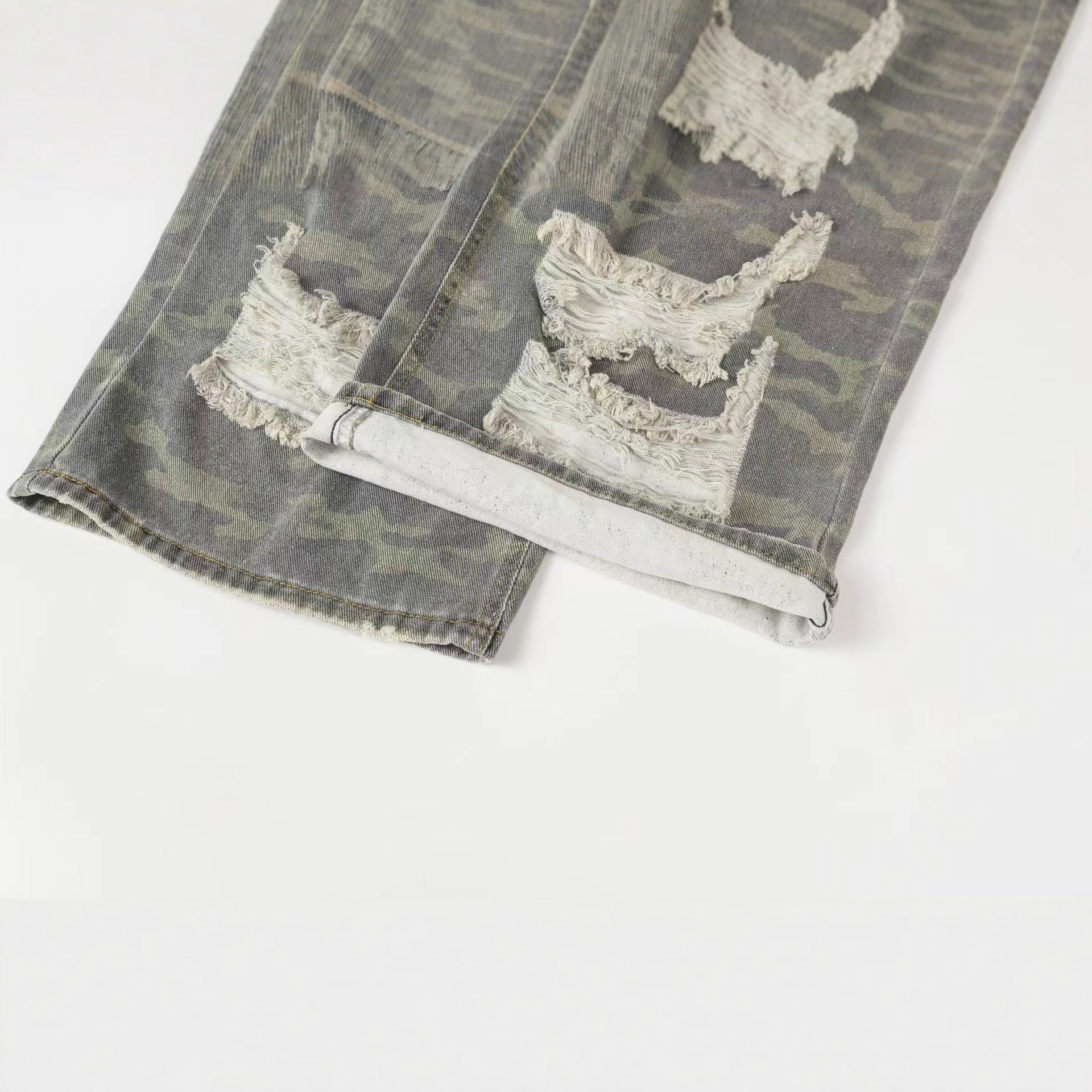 XGEM Camo Splice Ripped Denim Jeans – Washed Double - Layer Streetwear Pants - XGEM® - Not Made for Everyone
